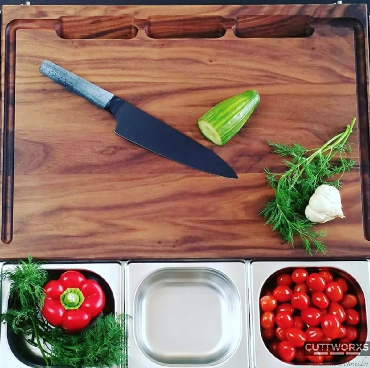 Cuttworxs Notenhouten Snijplank XL Met Sap Geul En Geïntegreerde Opvangbak 4 Cuttworxs Notenhouten Snijplank XL Met Sap Geul En Geïntegreerde Opvangbak - Afbeelding 4